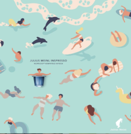 Sommer Stories. Illustrierte Menschen schwimmen im Meer. Eine Kapsel ist dabei der Schwimmreifen